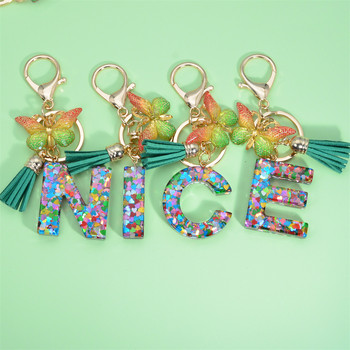 Fashion Acrylic Initial Letter Keychain for Women Sparkle Butterfly Tassel Alphabet Μπρελόκ για τσάντες μπρελόκ αυτοκινήτου Δώρα