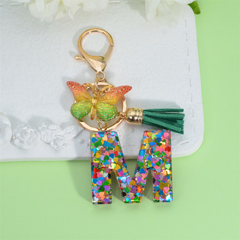 Fashion Acrylic Initial Letter Keychain for Women Sparkle Butterfly Tassel Alphabet Μπρελόκ για τσάντες μπρελόκ αυτοκινήτου Δώρα