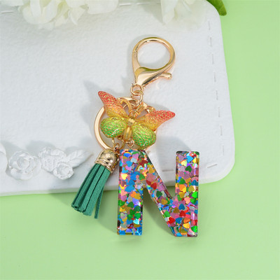 Breloc cu litere inițiale acrilice de modă pentru femei, breloc cu alfabet cu ciucuri fluture strălucitor, pentru genți de mână, brelocuri pentru mașini, cadouri