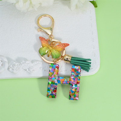 Breloc cu litere inițiale acrilice de modă pentru femei, breloc cu alfabet cu ciucuri fluture strălucitor, pentru genți de mână, brelocuri pentru mașini, cadouri