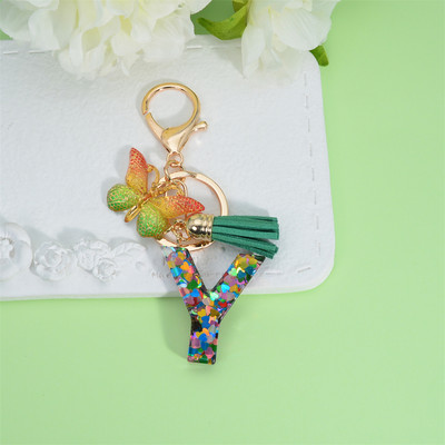 Breloc cu litere inițiale acrilice de modă pentru femei, breloc cu alfabet cu ciucuri fluture strălucitor, pentru genți de mână, brelocuri pentru mașini, cadouri