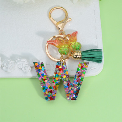 Breloc cu litere inițiale acrilice de modă pentru femei, breloc cu alfabet cu ciucuri fluture strălucitor, pentru genți de mână, brelocuri pentru mașini, cadouri