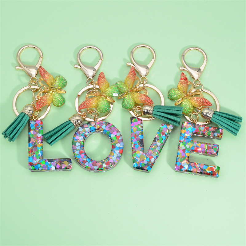 Breloc cu litere inițiale acrilice de modă pentru femei, breloc cu alfabet cu ciucuri fluture strălucitor, pentru genți de mână, brelocuri pentru mașini, cadouri