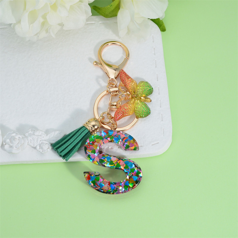 Breloc cu litere inițiale acrilice de modă pentru femei, breloc cu alfabet cu ciucuri fluture strălucitor, pentru genți de mână, brelocuri pentru mașini, cadouri