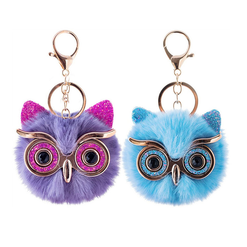 Moda drăguț breloc cu desene animate bufniță moale cu pompon minge de păr de animale Suport cheie pentru mașină Accesorii pentru genți pentru femei Brelocuri Cadouri