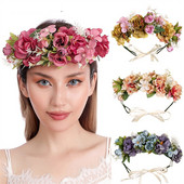Nouă rochie de mireasă Coroane de flori boeme Plajă Ghirlandă florală Hawaii Coroane de nuntă romantice cu trandafiri artificiali Bandă de flori nouă