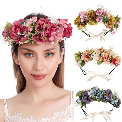 Naujas nuotakos galvos apdangalas Bohemian Flower Crowns Beach Havajai Gėlių girlianda Romantiška dirbtinių rožių vestuvių vainikai Nauja gėlių galvos juosta