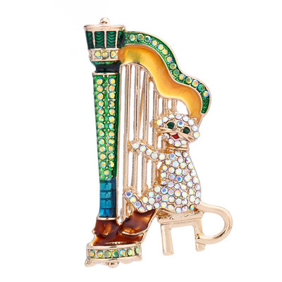 Wuli&baby Broșă de pisică cu muzică strălucitoare cântând la harpă muzician multicolor cu strass drăguț animale femei broșă ace bijuterii cadou