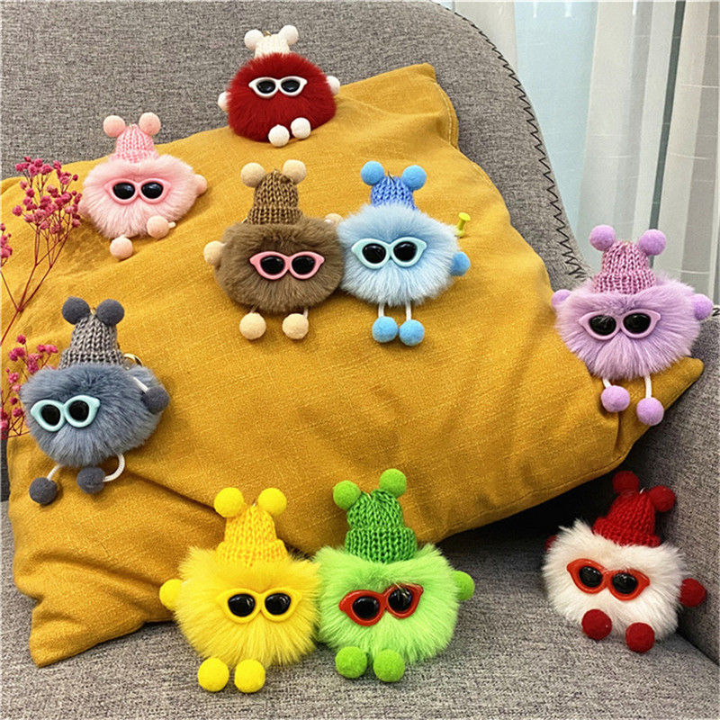 Mini brichete drăguțe breloc de pluș păpușă cu pompon de desene animate multicolore creativă cu breloc metalic pentru femei Accesorii pentru rucsac