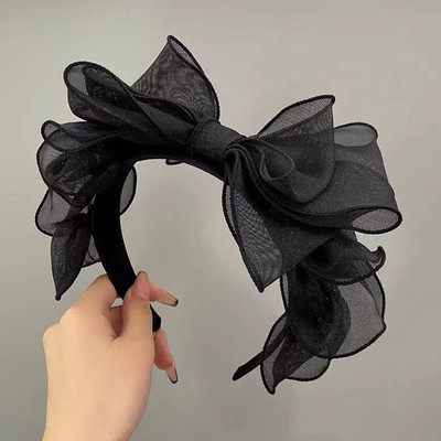 Fashion Korea Retro Black Mesh Big Bow лента за глава аксесоари за коса Дамска оригиналност Разрошен ръб Стилистични аксесоари Обръч за коса