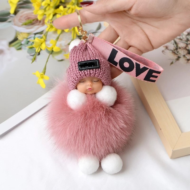 Moda colorată păpușă adormită Piesă agățată bile de păr pandantiv drăguț pufos cu pompon lanț din vată de bumbac, pungă, jucărie cu minge