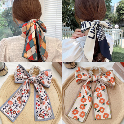 Jauna Bowknot elastīga lente matu lente Sieviešu matu kaklasaite zirgaste Pērļu galvas virve matu ķekars Sieviešu modes matu aksesuāri