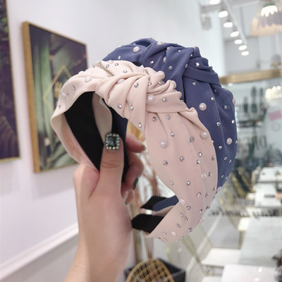 Bentita pentru cap cu boruri largi pentru femei la moda noua, cu nod mijlociu, strasuri mixte de perle decorate, bentiță cu nod mijlociu, accesorii pentru păr
