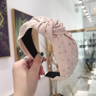 Nauja madinga moteriška plačiabrylė vidutinio mazgo galvos juosta Mišrūs perlų krištoliniai akmenukai dekoruoti vidutinio mazgo plaukų juostele galvos apdangalai plaukų aksesuarai