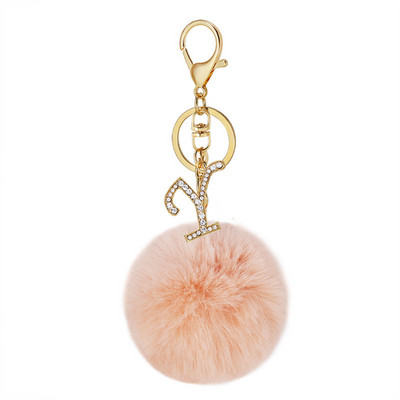 Breloc din aliaj cu stras cu 26 de litere, breloc pentru fete, cu pompon roz, chei pentru mașină, suport pentru chei pentru femei, ornamente pentru geantă, accesorii cadou