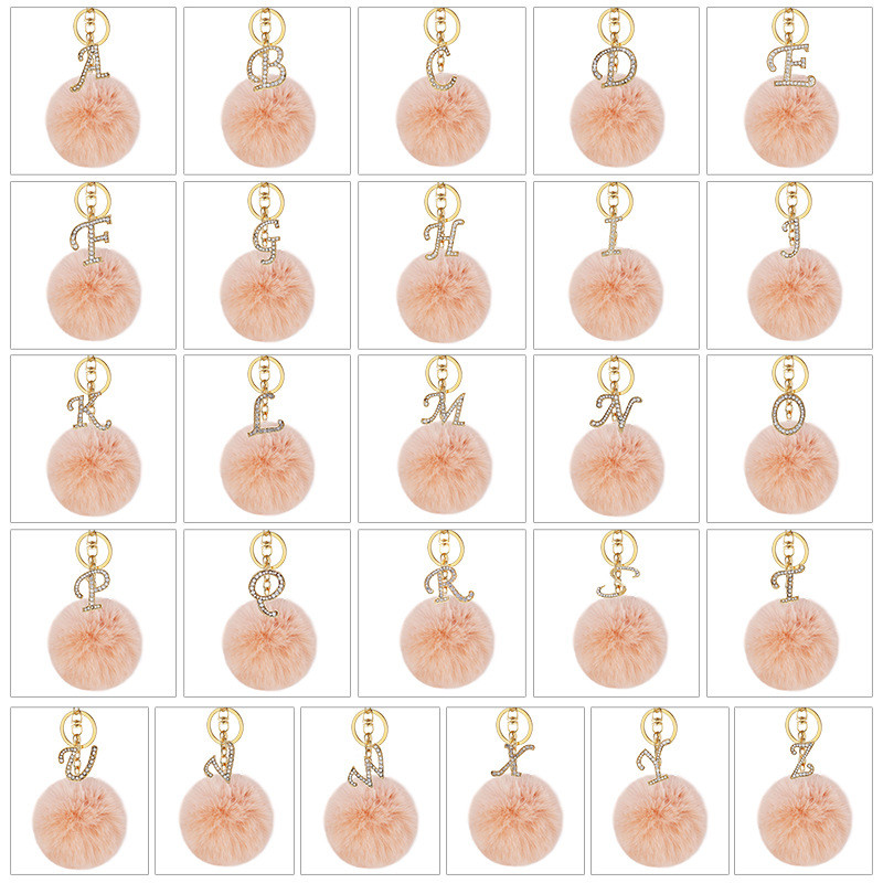 Breloc din aliaj cu stras cu 26 de litere, breloc pentru fete, cu pompon roz, chei pentru mașină, suport pentru chei pentru femei, ornamente pentru geantă, accesorii cadou
