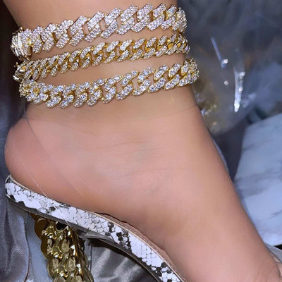 Flatfoosie Hip Hop Iced Out Chunky кубински верижки глезени за жени Луксозни гривни с връзки за глезена с кристали Плажни бижута за боси крака