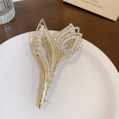 Agrafe cu gheare de păr cu strasuri mari fluture pentru femei, agrafă de păr și ace de perlă, accesorii de modă coreeană pentru fete