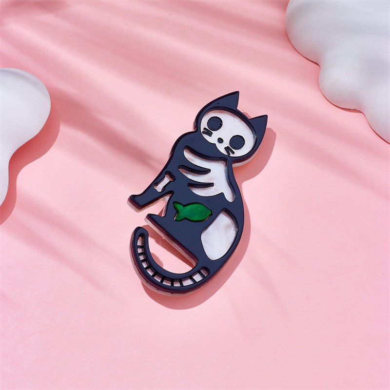 MEYRROYU Broșe de pisicuță cu schelet, material acrilic elegant pentru femei, insignă de zi de naștere, cadouri, ace accesorii, bijuterii Брошь