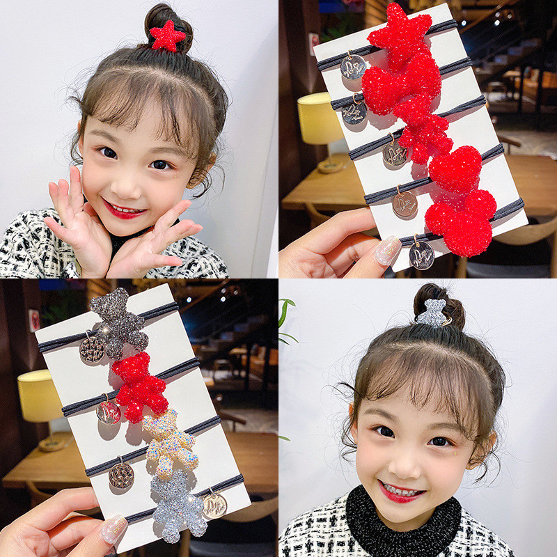 Suport pentru coadă de cal cu cap de urs drăguț, fundă roșie completă, accesorii de păr cu strasuri, pentru femei, cravate de urs, banda de cauciuc, inel de păr pentru fete