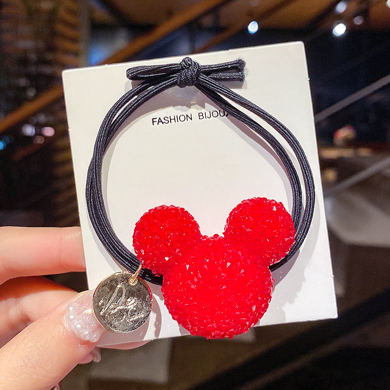 Suport pentru coadă de cal cu cap de urs drăguț, fundă roșie completă, accesorii de păr cu strasuri, pentru femei, cravate de urs, banda de cauciuc, inel de păr pentru fete