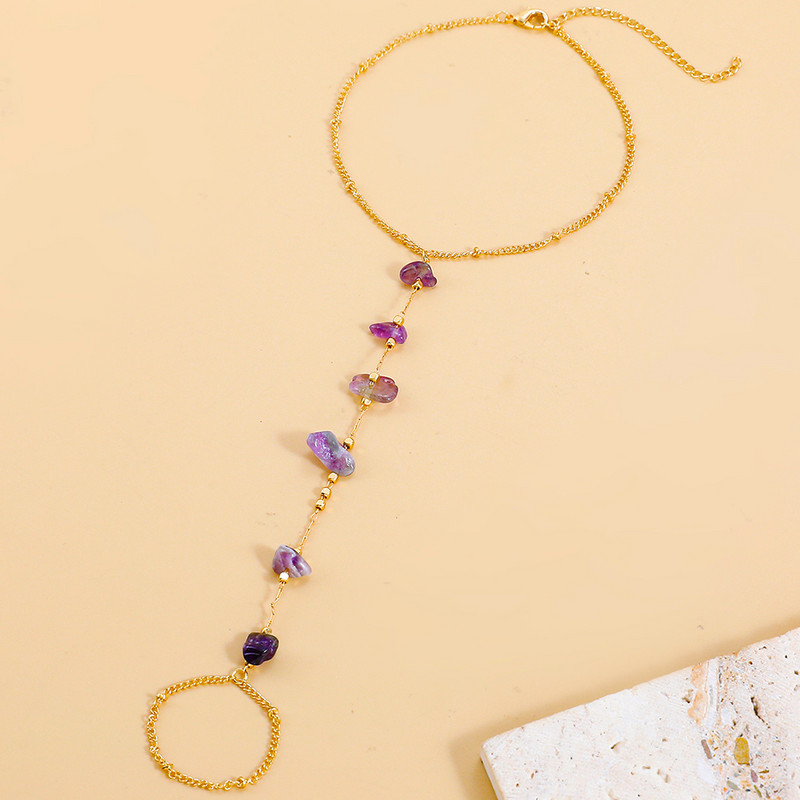 Moda cupru metal lanț gleznă mov piatră naturală legături conectate gleznă brățară inele deget de la picioare pentru femei desculț sandale bijuterii