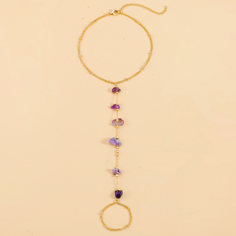 Moda cupru metal lanț gleznă mov piatră naturală legături conectate gleznă brățară inele deget de la picioare pentru femei desculț sandale bijuterii