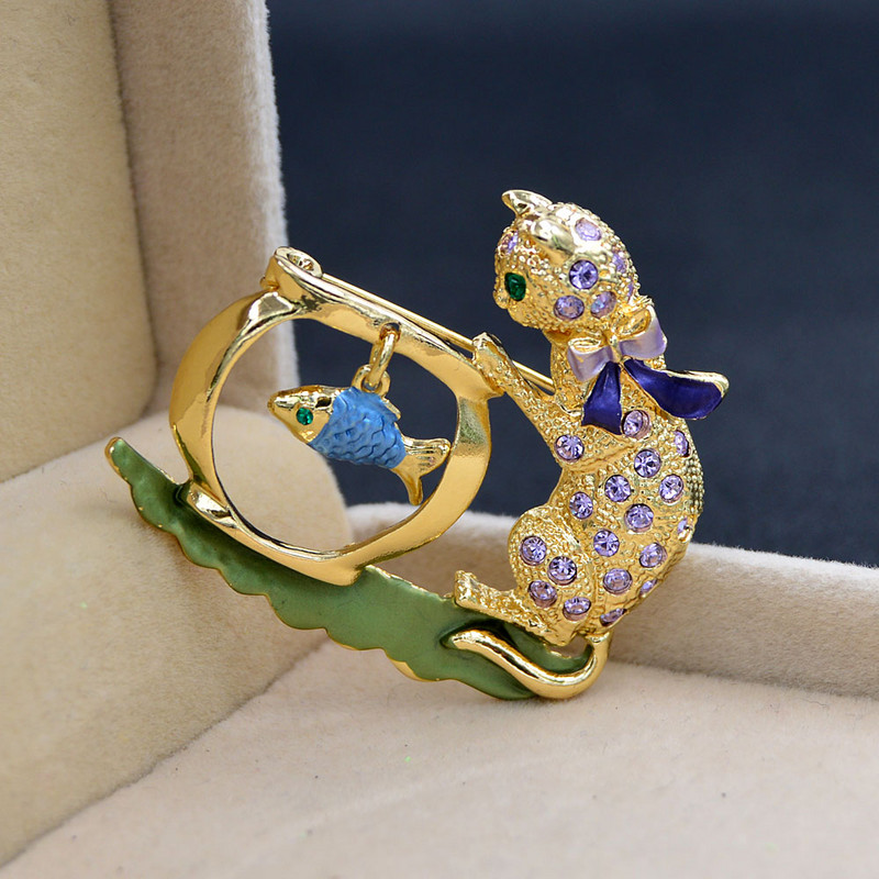 CINDY XIANG Broșă drăguță de pisică cu strasuri pentru copii, ace animale, bijuterii pește, accesorii de iarnă, 2 culori disponibile, ornament pentru pisici