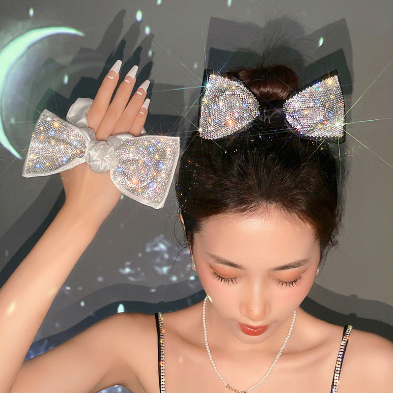 Scrunchies de păr cu fundă din mătase satinată frânghie coreeană benzi elastice de cauciuc Suport pentru coadă de cal cu strasuri accesorii pentru păr pentru femei