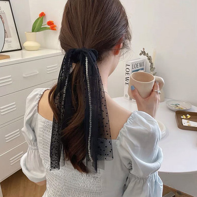 Panglică lungă din șifon, perle, pentru coletele de păr, pentru femei, legături, frânghie, cu punct de undă, benzi de cauciuc, suport pentru coadă de cal, accesorii pentru păr de nuntă pentru fete