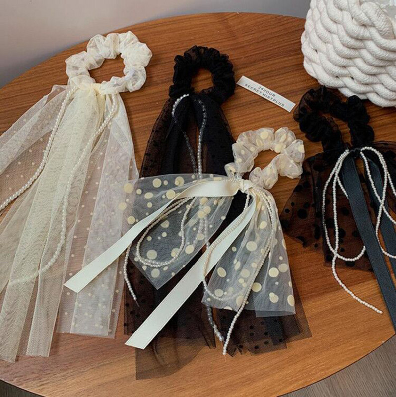 Panglică lungă din șifon, perle, pentru coletele de păr, pentru femei, legături, frânghie, cu punct de undă, benzi de cauciuc, suport pentru coadă de cal, accesorii pentru păr de nuntă pentru fete