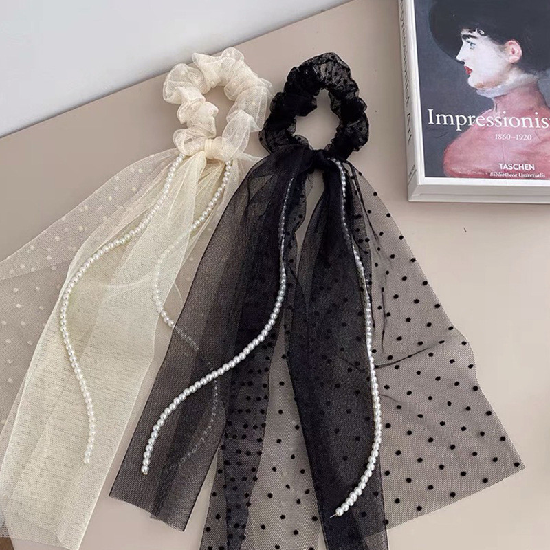 Panglică lungă din șifon, perle, pentru coletele de păr, pentru femei, legături, frânghie, cu punct de undă, benzi de cauciuc, suport pentru coadă de cal, accesorii pentru păr de nuntă pentru fete