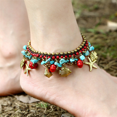 Boem etnic plajă, pandantiv, gleznă cu franjuri, țesătură de mână pură, pentru femei, animale de mare, piatră naturală, clopoți, accesorii pentru picioare