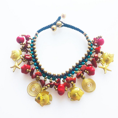 Boem etnic plajă, pandantiv, gleznă cu franjuri, țesătură de mână pură, pentru femei, animale de mare, piatră naturală, clopoți, accesorii pentru picioare