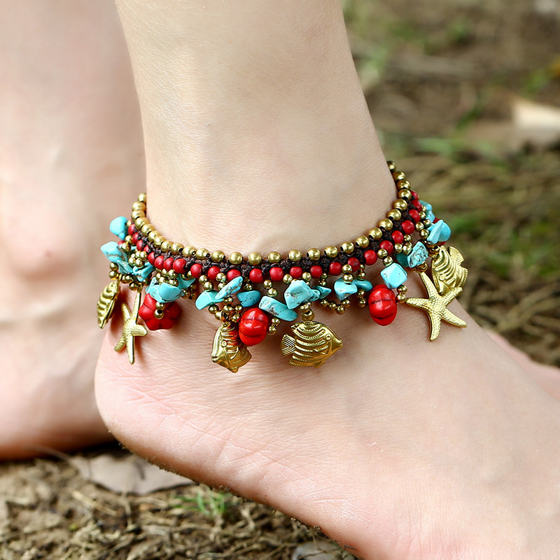 Boem etnic plajă, pandantiv, gleznă cu franjuri, țesătură de mână pură, pentru femei, animale de mare, piatră naturală, clopoți, accesorii pentru picioare