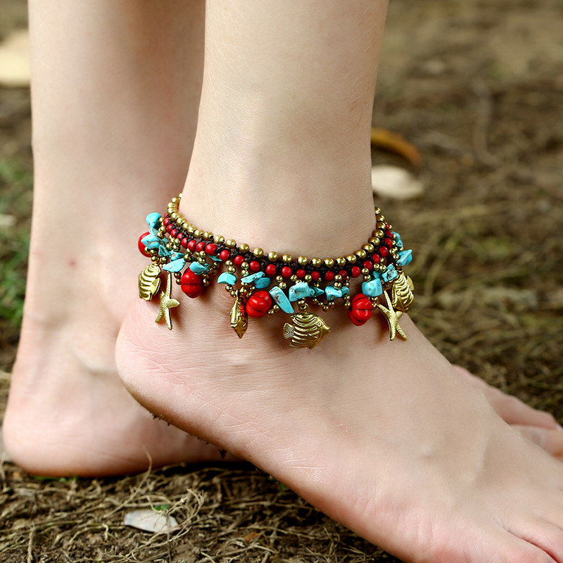 Boem etnic plajă, pandantiv, gleznă cu franjuri, țesătură de mână pură, pentru femei, animale de mare, piatră naturală, clopoți, accesorii pentru picioare