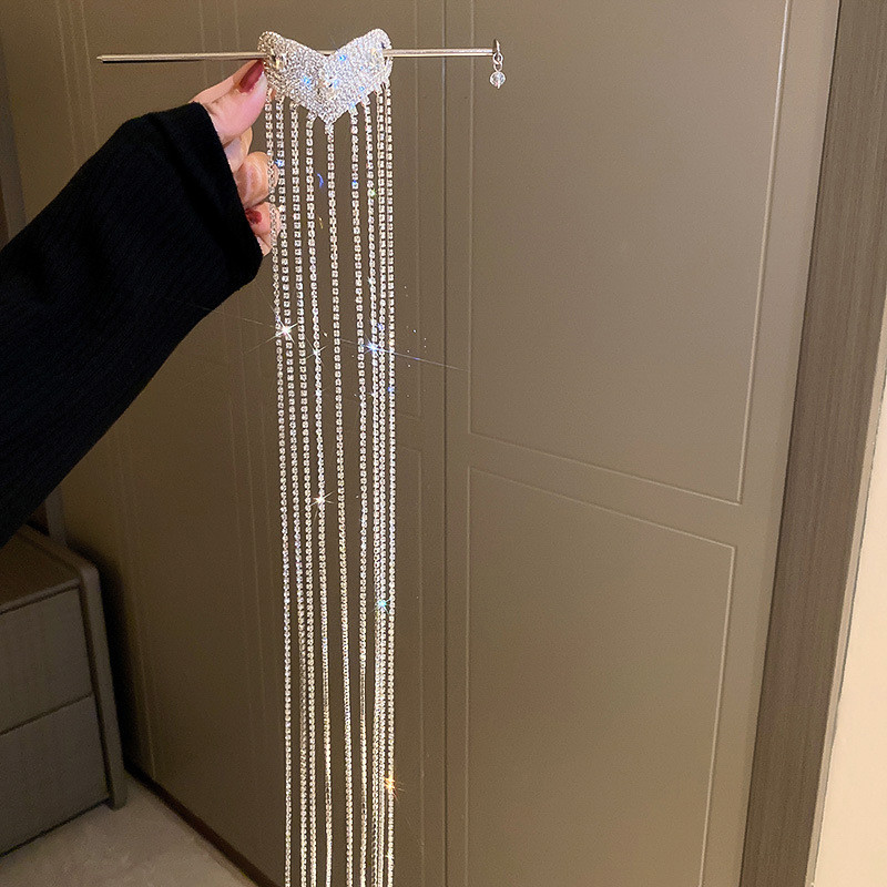 Lanț pentru cap cu strasuri strălucitoare Agrafă de păr Stick Cochie de cap de lux Gheare de păr cu ciucuri lungi Ornamente de nuntă Accesorii pentru păr