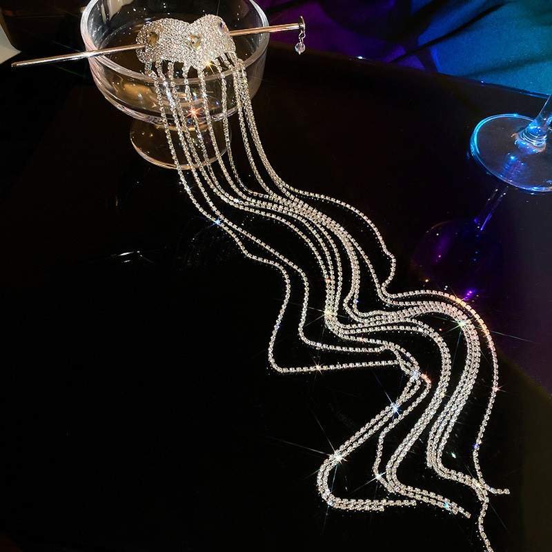 Lanț pentru cap cu strasuri strălucitoare Agrafă de păr Stick Cochie de cap de lux Gheare de păr cu ciucuri lungi Ornamente de nuntă Accesorii pentru păr