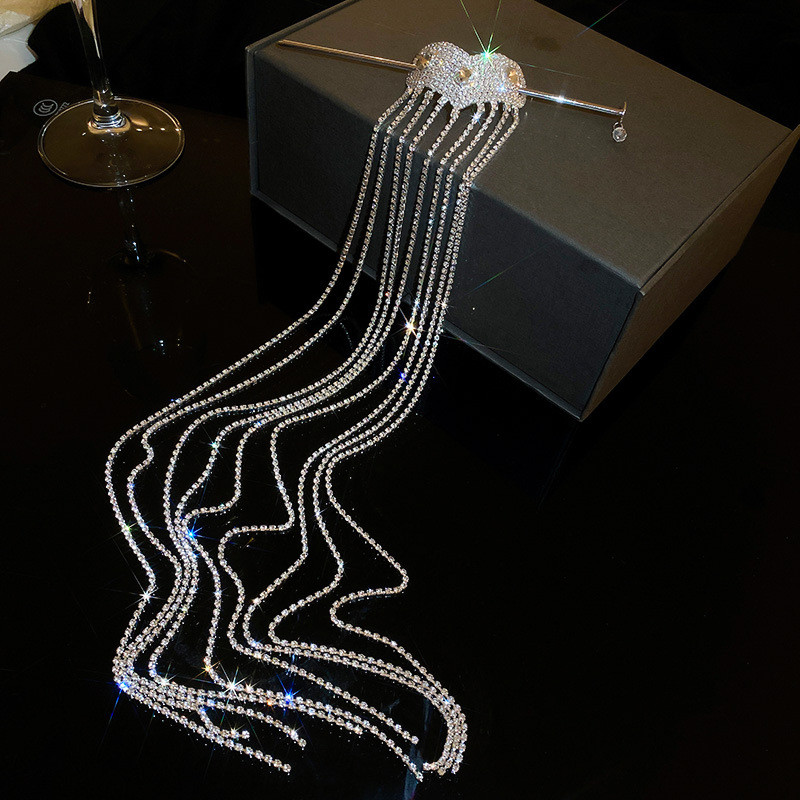 Lanț pentru cap cu strasuri strălucitoare Agrafă de păr Stick Cochie de cap de lux Gheare de păr cu ciucuri lungi Ornamente de nuntă Accesorii pentru păr