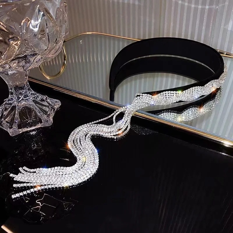 Bentita de lux stralucitoare cu stras pentru femei Benzi lungi cu fundita cu ciucuri Bentita de designer coreean Accesorii pentru banda de par de nunta Cadouri