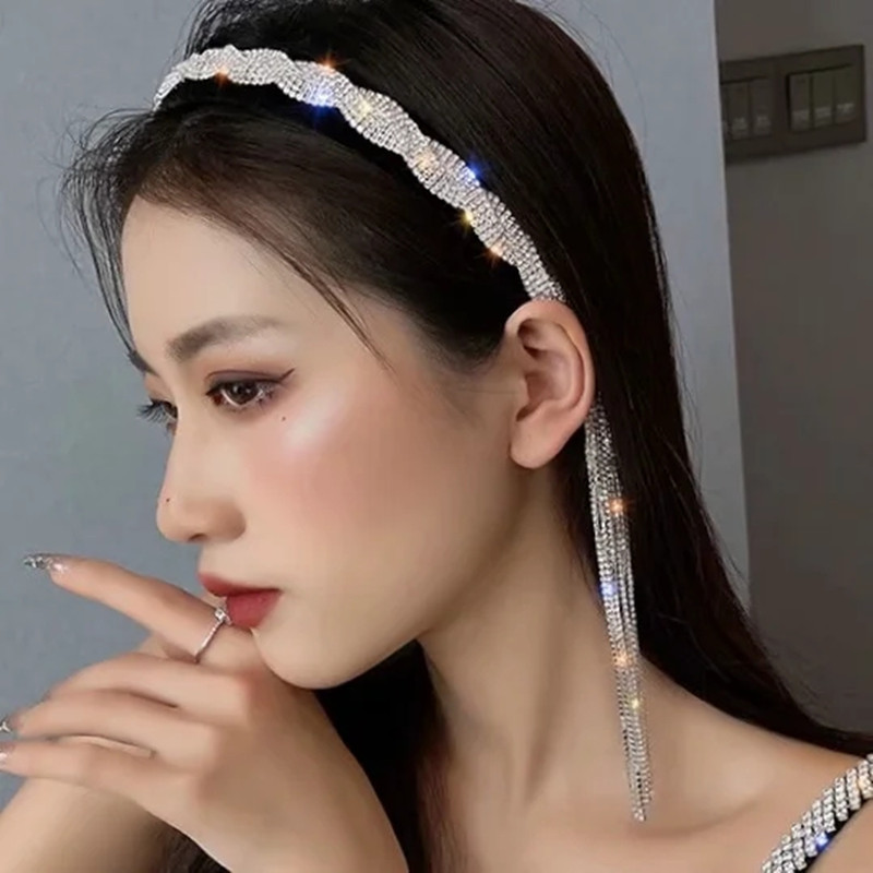 Bentita de lux stralucitoare cu stras pentru femei Benzi lungi cu fundita cu ciucuri Bentita de designer coreean Accesorii pentru banda de par de nunta Cadouri