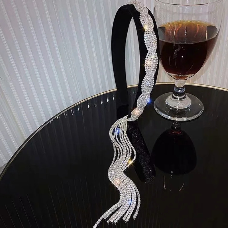 Bentita de lux stralucitoare cu stras pentru femei Benzi lungi cu fundita cu ciucuri Bentita de designer coreean Accesorii pentru banda de par de nunta Cadouri