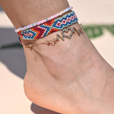 Brățară de gleznă din împletitură boemă realizată manual pentru femei, inimă de cristal pentru picior, lanț de gleznă, curea, prietenie, bijuterii de plajă