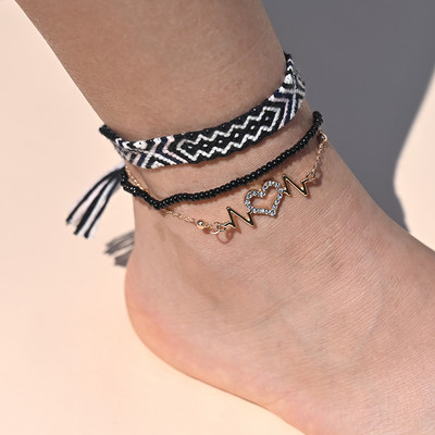 Brățară de gleznă din împletitură boemă realizată manual pentru femei, inimă de cristal pentru picior, lanț de gleznă, curea, prietenie, bijuterii de plajă
