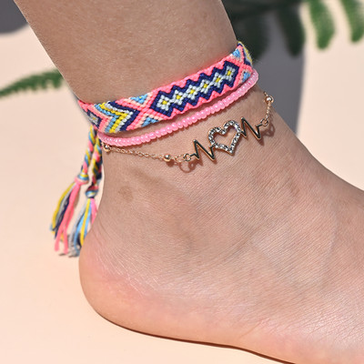 Brățară de gleznă din împletitură boemă realizată manual pentru femei, inimă de cristal pentru picior, lanț de gleznă, curea, prietenie, bijuterii de plajă