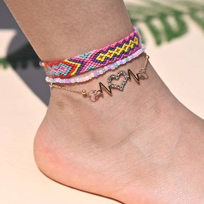 Brățară de gleznă din împletitură boemă realizată manual pentru femei, inimă de cristal pentru picior, lanț de gleznă, curea, prietenie, bijuterii de plajă