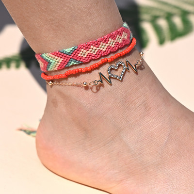 Brățară de gleznă din împletitură boemă realizată manual pentru femei, inimă de cristal pentru picior, lanț de gleznă, curea, prietenie, bijuterii de plajă