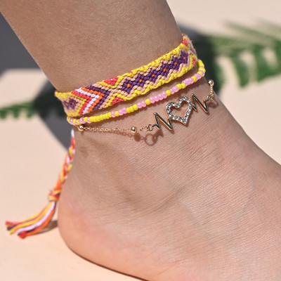 Brățară de gleznă din împletitură boemă realizată manual pentru femei, inimă de cristal pentru picior, lanț de gleznă, curea, prietenie, bijuterii de plajă