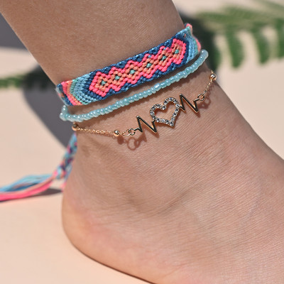Brățară de gleznă din împletitură boemă realizată manual pentru femei, inimă de cristal pentru picior, lanț de gleznă, curea, prietenie, bijuterii de plajă