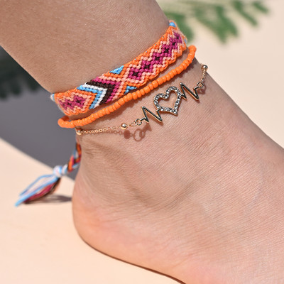 Brățară de gleznă din împletitură boemă realizată manual pentru femei, inimă de cristal pentru picior, lanț de gleznă, curea, prietenie, bijuterii de plajă